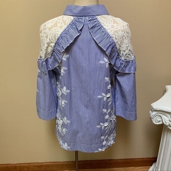 Hilary Radley Blue Striped Button Down with embroidered floral, lace , ruffles - Picture 2 of 10